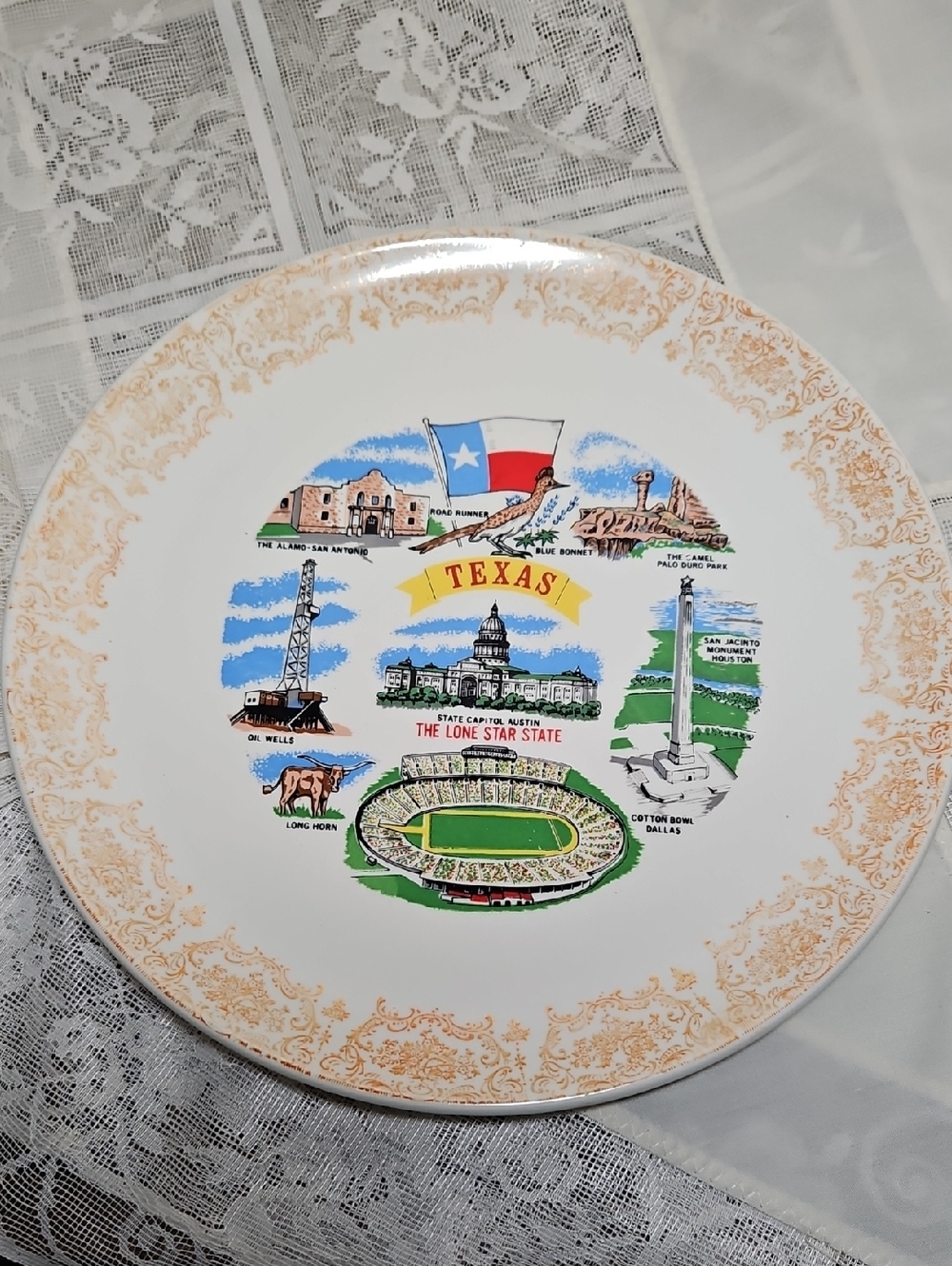 Texas Souvenir Decorative Dinner Plate - White with Multicolor Design